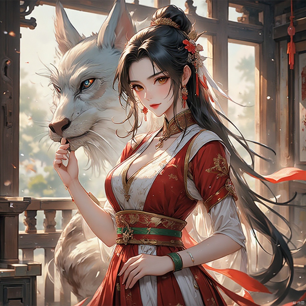 gufengtuiwen, 1girl\(solo,Eyes\(Deep amber,crystal clear,long and delicate eyelashes\),Nose\(Elevated,a slightly upturned nose tip\),Lips\(Rosy color,defined lip line\),Hairstyle\(Black hair,smooth and shiny,slightly wavy at the ends\), perfect facial proportions,perfect ratio of head,neck and shoulders Quadratic style,masterpiece,best quality,unreal engine 5 rendering,movie light,movie lens,movie special effects,detailed details,HDR,UHD,8K,CG wallpaper,traditional_clothes,spandex,fine_fabric_emphasis,choker,short_sleeves,bracelet,hair_bobbles,ring,jewelry,ankle_lace-up,drop earrings,evil smile,folding_fan,cat,east asian architecture,chinese_style_loft,