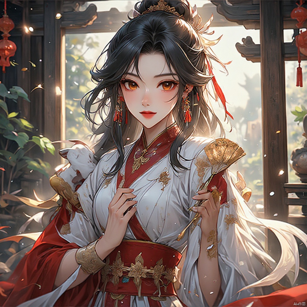 gufengtuiwen, 1girl\(solo,Eyes\(Deep amber,crystal clear,long and delicate eyelashes\),Nose\(Elevated,a slightly upturned nose tip\),Lips\(Rosy color,defined lip line\),Hairstyle\(Black hair,smooth and shiny,slightly wavy at the ends\), perfect facial proportions,perfect ratio of head,neck and shoulders Quadratic style,masterpiece,best quality,unreal engine 5 rendering,movie light,movie lens,movie special effects,detailed details,HDR,UHD,8K,CG wallpaper,traditional_clothes,spandex,fine_fabric_emphasis,choker,short_sleeves,bracelet,hair_bobbles,ring,jewelry,ankle_lace-up,drop earrings,evil smile,folding_fan,cat,east asian architecture,chinese_style_loft,