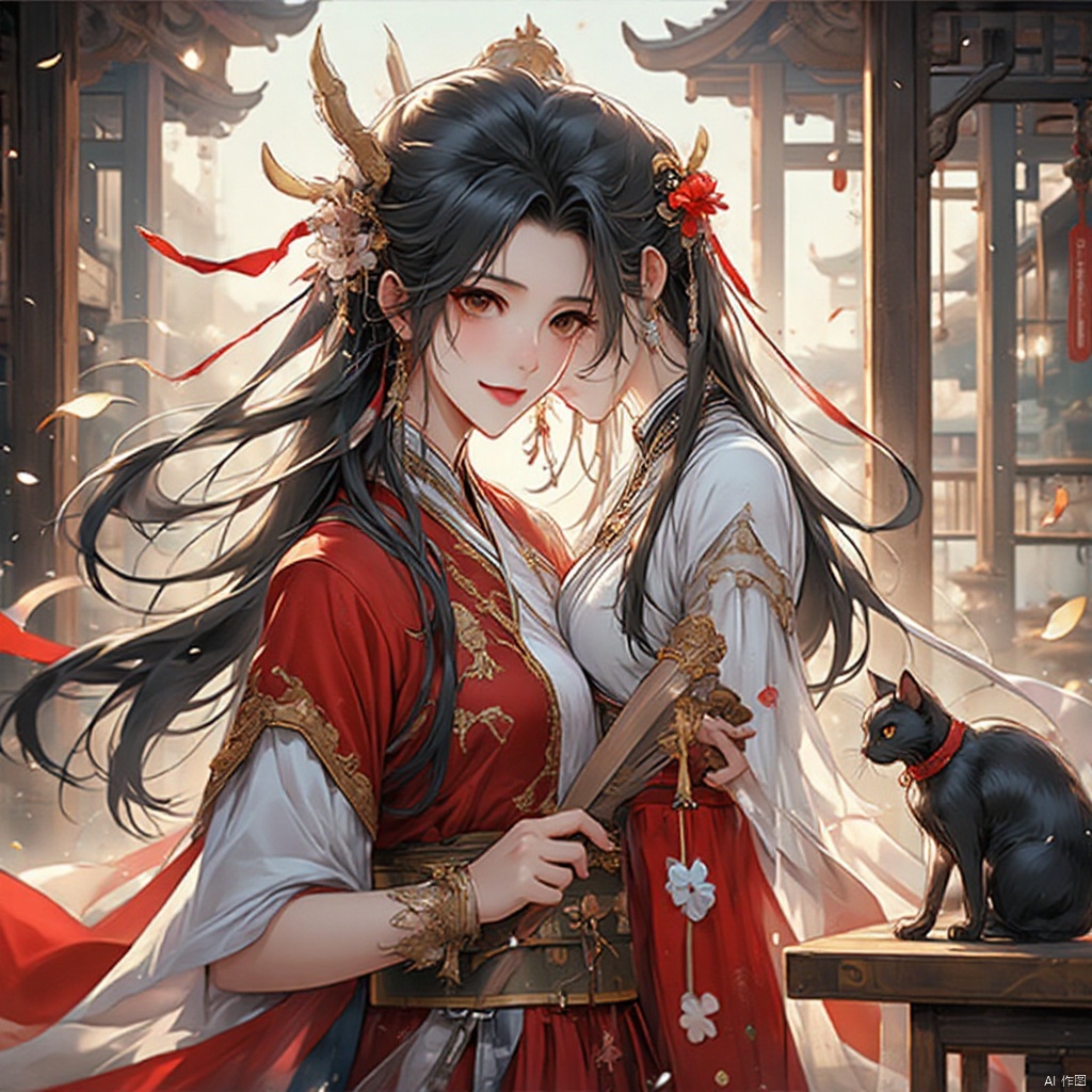 gufengtuiwen, 1girl\(solo,Eyes\(Deep amber,crystal clear,long and delicate eyelashes\),Nose\(Elevated,a slightly upturned nose tip\),Lips\(Rosy color,defined lip line\),Hairstyle\(Black hair,smooth and shiny,slightly wavy at the ends\), perfect facial proportions,perfect ratio of head,neck and shoulders Quadratic style,masterpiece,best quality,unreal engine 5 rendering,movie light,movie lens,movie special effects,detailed details,HDR,UHD,8K,CG wallpaper,traditional_clothes,spandex,fine_fabric_emphasis,choker,short_sleeves,bracelet,hair_bobbles,ring,jewelry,ankle_lace-up,drop earrings,evil smile,folding_fan,cat,east asian architecture,chinese_style_loft,