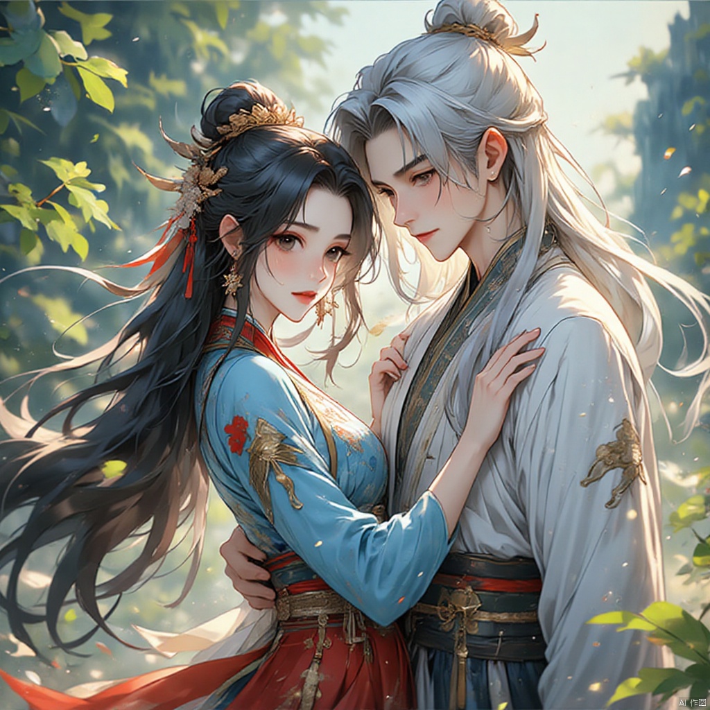 gufengtuiwen, (One girl:1.4),Chinese dress,black long hair,(One boy:0.8),Chinese dress,silver long hair,scenery,plants,filming,half body close-up,ray tracing,clear background,8K,balanced composition,