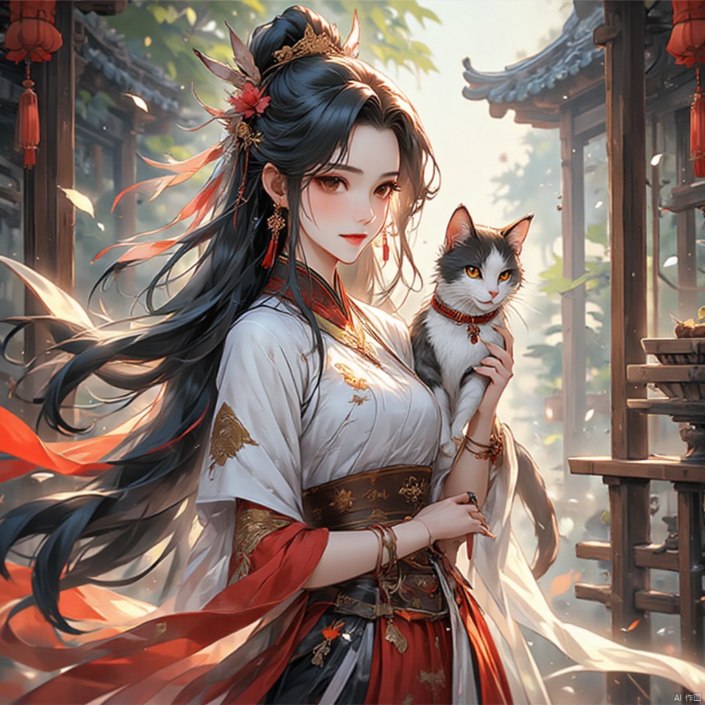 gufengtuiwen, 1girl\(solo,Eyes\(Deep amber,crystal clear,long and delicate eyelashes\),Nose\(Elevated,a slightly upturned nose tip\),Lips\(Rosy color,defined lip line\),Hairstyle\(Black hair,smooth and shiny,slightly wavy at the ends\), perfect facial proportions,perfect ratio of head,neck and shoulders Quadratic style,masterpiece,best quality,unreal engine 5 rendering,movie light,movie lens,movie special effects,detailed details,HDR,UHD,8K,CG wallpaper,traditional_clothes,spandex,fine_fabric_emphasis,choker,short_sleeves,bracelet,hair_bobbles,ring,jewelry,ankle_lace-up,drop earrings,evil smile,folding_fan,cat,east asian architecture,chinese_style_loft,