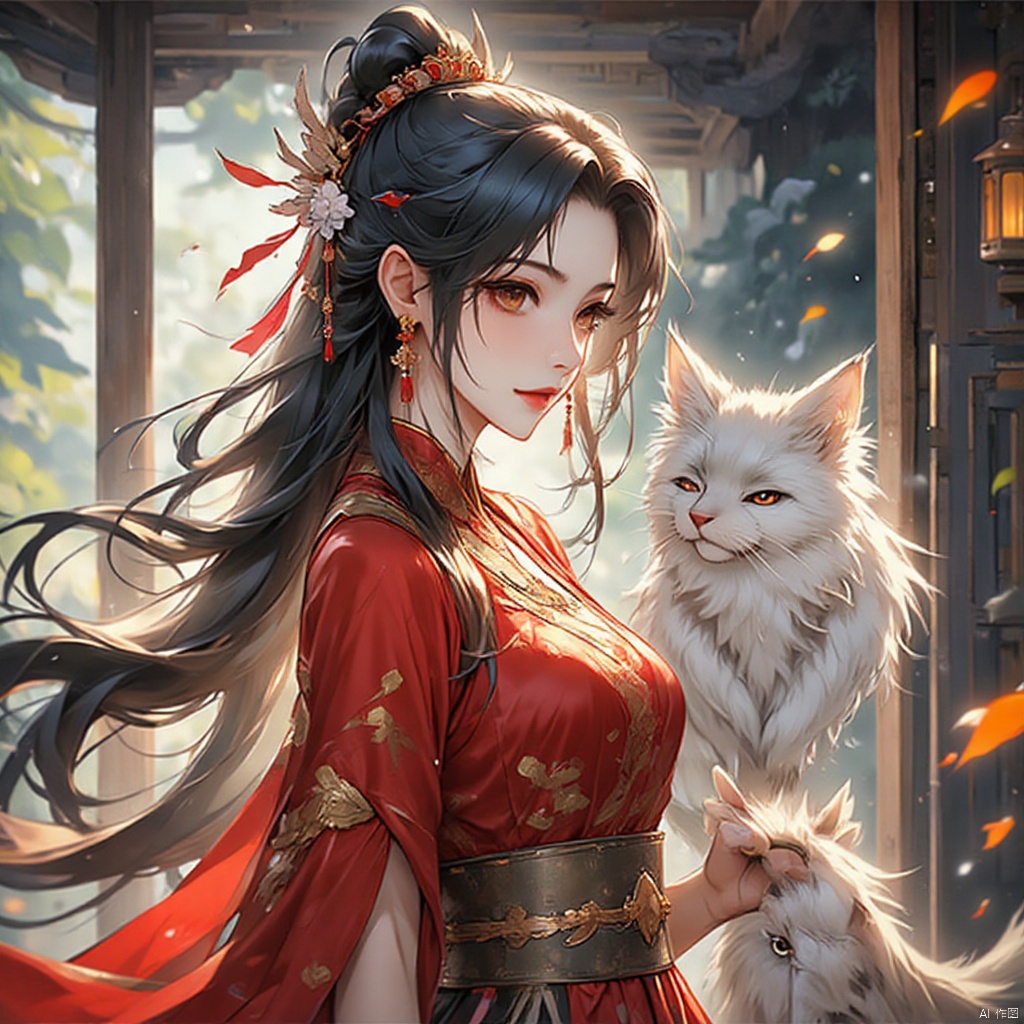 gufengtuiwen, 1girl\(solo,Eyes\(Deep amber,crystal clear,long and delicate eyelashes\),Nose\(Elevated,a slightly upturned nose tip\),Lips\(Rosy color,defined lip line\),Hairstyle\(Black hair,smooth and shiny,slightly wavy at the ends\), perfect facial proportions,perfect ratio of head,neck and shoulders Quadratic style,masterpiece,best quality,unreal engine 5 rendering,movie light,movie lens,movie special effects,detailed details,HDR,UHD,8K,CG wallpaper,traditional_clothes,spandex,fine_fabric_emphasis,choker,short_sleeves,bracelet,hair_bobbles,ring,jewelry,ankle_lace-up,drop earrings,evil smile,folding_fan,cat,east asian architecture,chinese_style_loft,