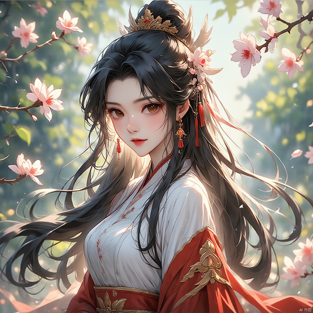 gufengtuiwen, black hair,branch,breasts,cherry blossoms,chinese clothes,earrings,flower,hair ornament,hanfu,long hair,medium breasts,petals,movie lens,ray tracing,blurred background,