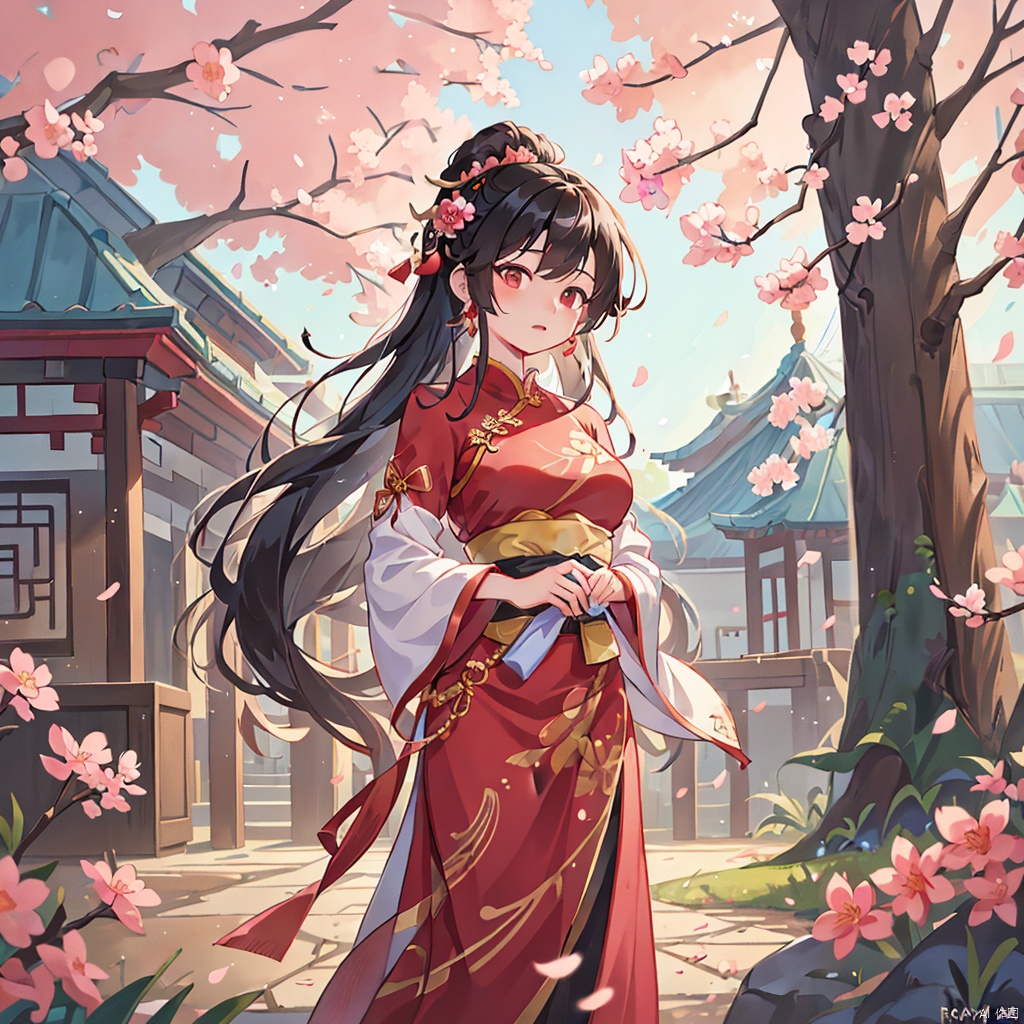couple,Black hair,tree branches,breasts,cherry blossoms,Chinese clothing,earrings,flowers,hair accessories,Hanfu,long hair,mid chest,petals,movie shots,ray tracing,background Chinese style architecture palace,