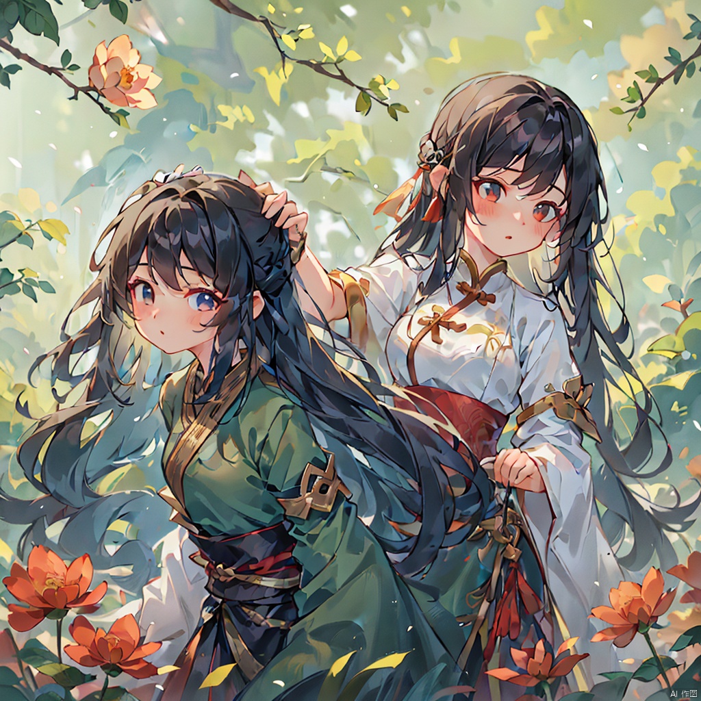 gufengtuiwen, (One girl:1.4),Chinese dress,black long hair,(One boy:0.8),Chinese dress,silver long hair,scenery,plants,filming,half body close-up,ray tracing,clear background,8K,balanced composition,