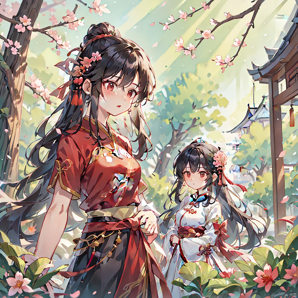 couple,Black hair,tree branches,breasts,cherry blossoms,Chinese clothing,earrings,flowers,hair accessories,Hanfu,long hair,mid chest,petals,movie shots,ray tracing,background Chinese style architecture palace,