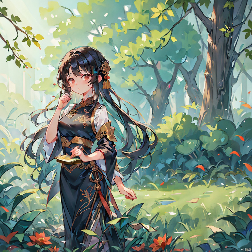 gufengtuiwen, (One girl:1.4),Chinese dress,black long hair,(One boy:0.8),Chinese dress,silver long hair,scenery,plants,filming,half body close-up,ray tracing,clear background,8K,balanced composition,