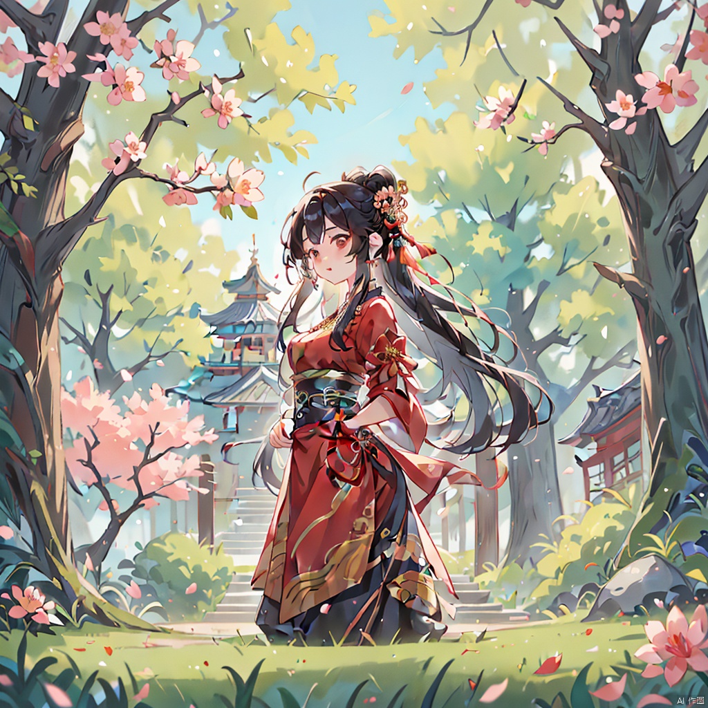 couple,Black hair,tree branches,breasts,cherry blossoms,Chinese clothing,earrings,flowers,hair accessories,Hanfu,long hair,mid chest,petals,movie shots,ray tracing,background Chinese style architecture palace,