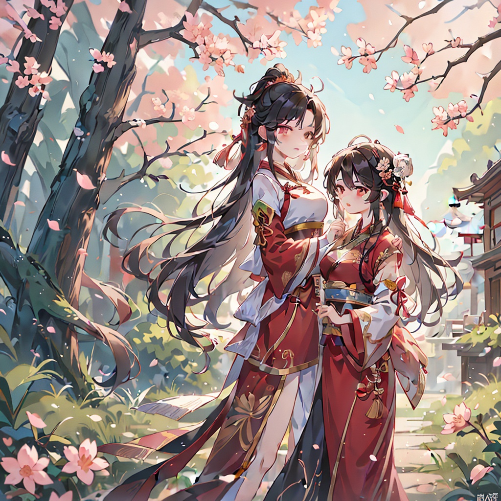 couple,Black hair,tree branches,breasts,cherry blossoms,Chinese clothing,earrings,flowers,hair accessories,Hanfu,long hair,mid chest,petals,movie shots,ray tracing,background Chinese style architecture palace,