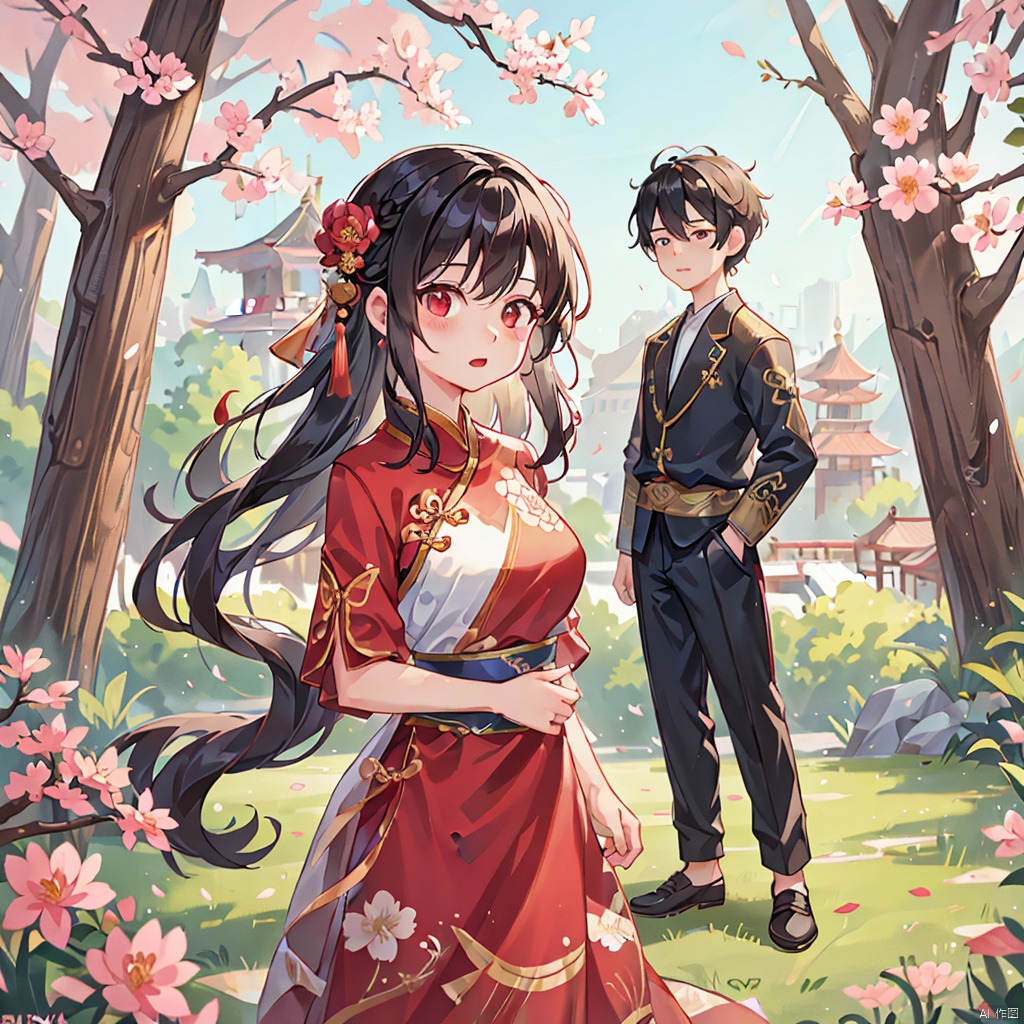 couple,Black hair,tree branches,breasts,cherry blossoms,Chinese clothing,earrings,flowers,hair accessories,Hanfu,long hair,mid chest,petals,movie shots,ray tracing,background Chinese style architecture palace,