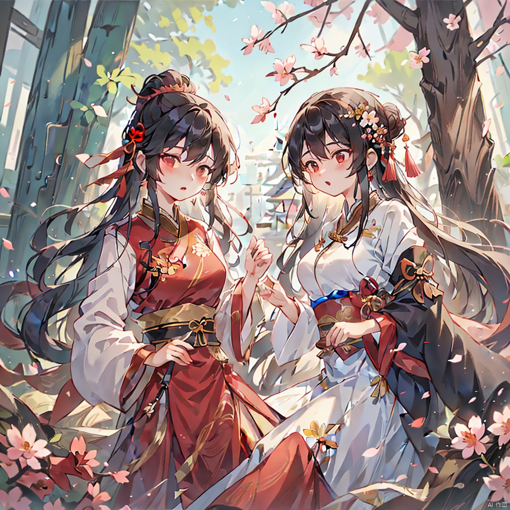 couple,Black hair,tree branches,breasts,cherry blossoms,Chinese clothing,earrings,flowers,hair accessories,Hanfu,long hair,mid chest,petals,movie shots,ray tracing,background Chinese style architecture palace,