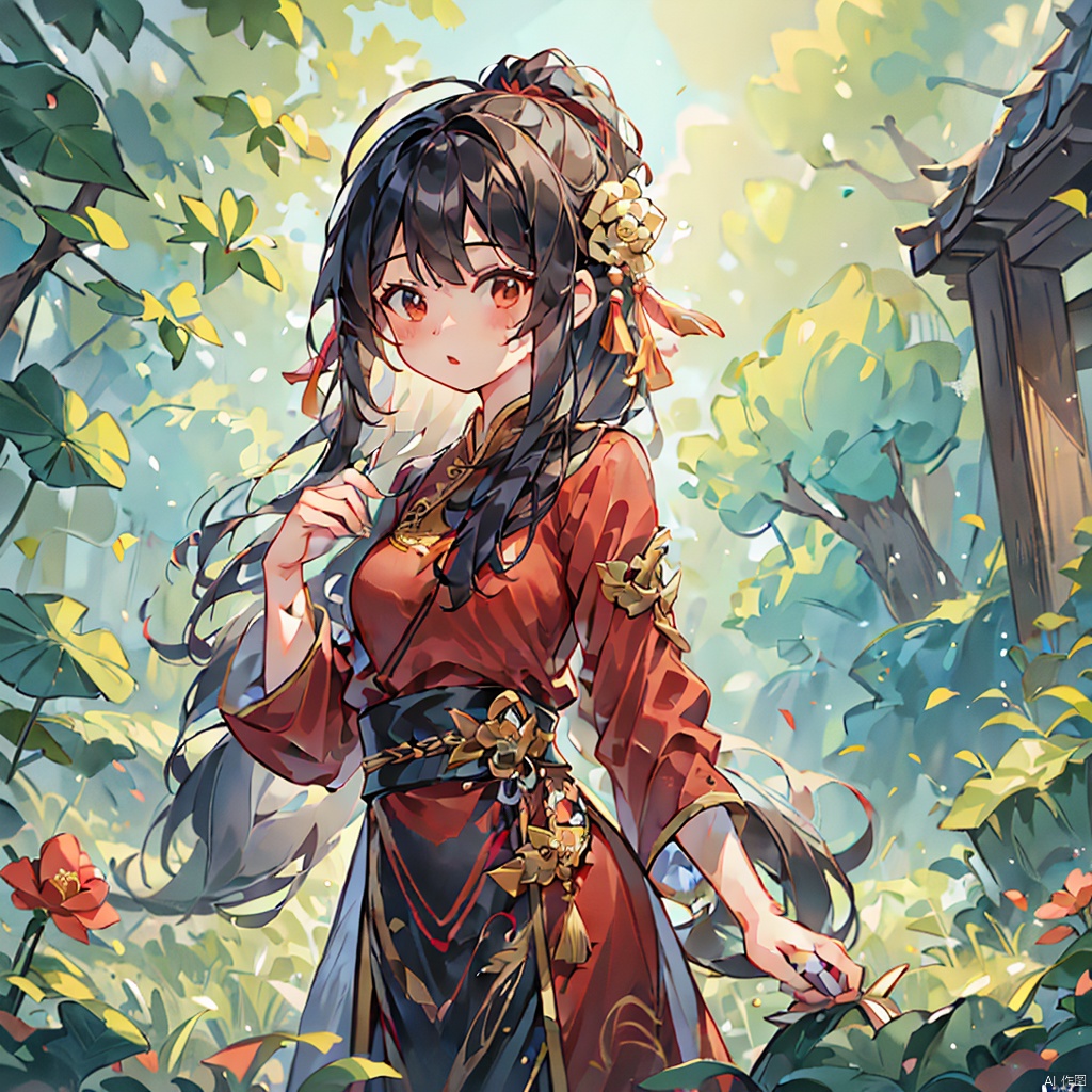 gufengtuiwen, (One girl:1.4),Chinese dress,black long hair,(One boy:0.8),Chinese dress,silver long hair,scenery,plants,filming,half body close-up,ray tracing,clear background,8K,balanced composition,