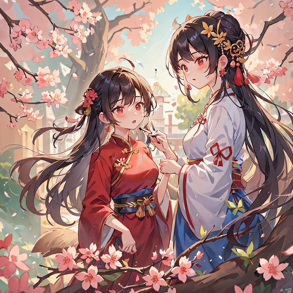 couple,Black hair,tree branches,breasts,cherry blossoms,Chinese clothing,earrings,flowers,hair accessories,Hanfu,long hair,mid chest,petals,movie shots,ray tracing,background Chinese style architecture palace,
