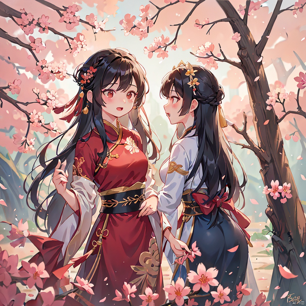 couple,Black hair,tree branches,breasts,cherry blossoms,Chinese clothing,earrings,flowers,hair accessories,Hanfu,long hair,mid chest,petals,movie shots,ray tracing,background Chinese style architecture palace,