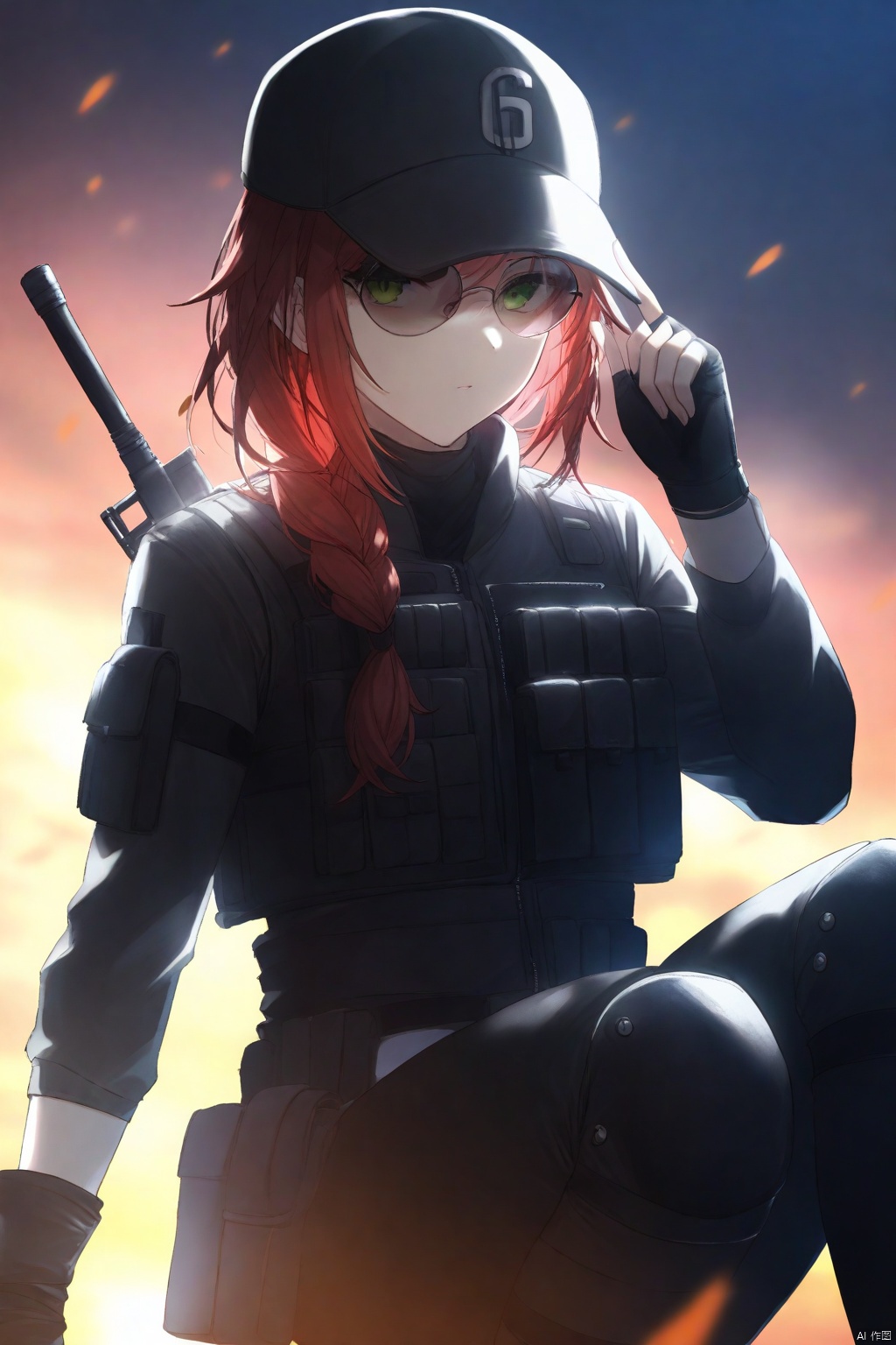 (masterpiece, best quality:1.2), , 1girl, solo, hat, gloves, breasts, boots, baseball cap, pants, red hair, knee pads, black gloves, uniform, bulletproof vest, military, single braid, long sleeves, braided ponytail, braid, fingerless gloves, sunglasses, pixiv,looking_at_viewer,masterpiece,best quality, highly detailed,short hair,braided hair,brown hair,green eyes,black clothes,black pants,black cap,black boots, onnk,fantasydi