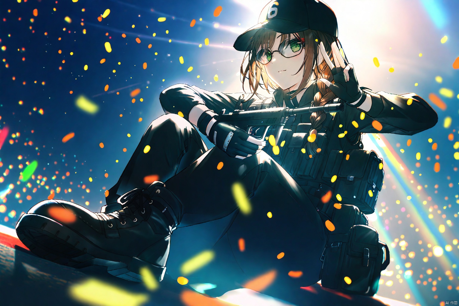 masterpiece,best quality,illustration,ultra detailed,hdr,Depth of field,(colorful),Artist rokusai, 1girl,night,solo,short hair,braided hair,brown hair,single braid,green eyes,black clothes,black pants,fingerless glove,black glove,sunglasses,black cap,baseball cap,black boots,looking_at_viewer