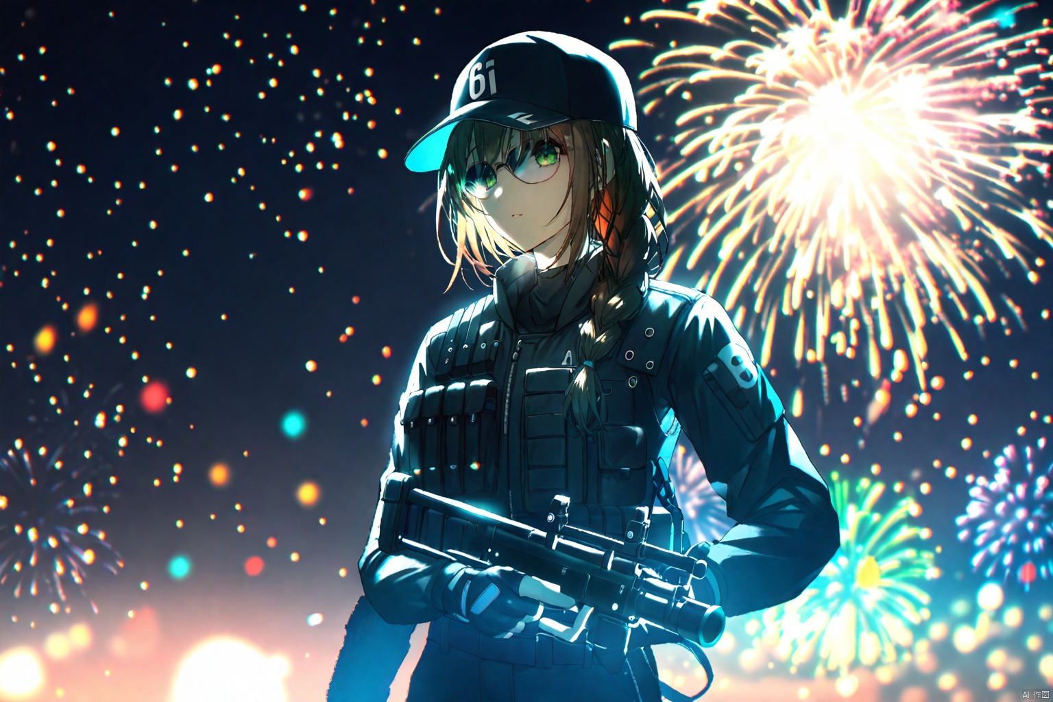 masterpiece,best quality,illustration,ultra detailed,hdr,Depth of field,(colorful),Artist rokusai, 1girl,night,fireworks,solo,short hair,braided hair,brown hair,single braid,green eyes,black clothes,black pants,fingerless glove,black glove,sunglasses,black cap,baseball cap,black boots,looking_at_viewer