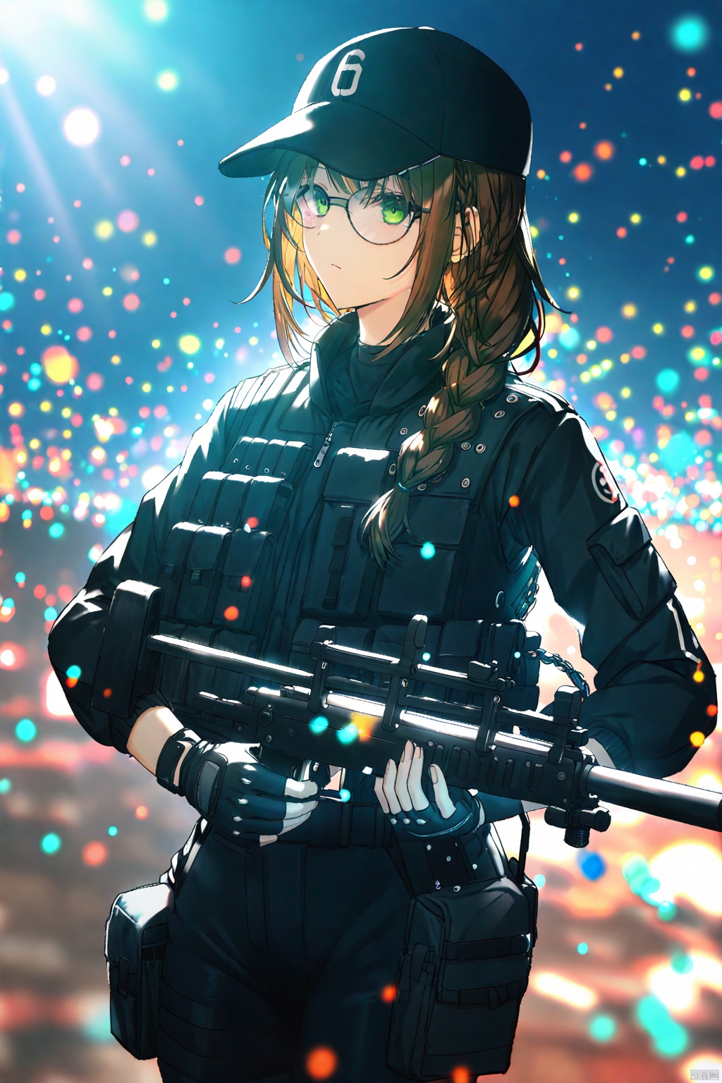 masterpiece,best quality,illustration,ultra detailed,hdr,Depth of field,(colorful),Artist rokusai, 1girl,night,solo,short hair,braided hair,brown hair,single braid,green eyes,black clothes,black pants,fingerless glove,black glove,sunglasses,black cap,baseball cap,black boots,looking_at_viewer
