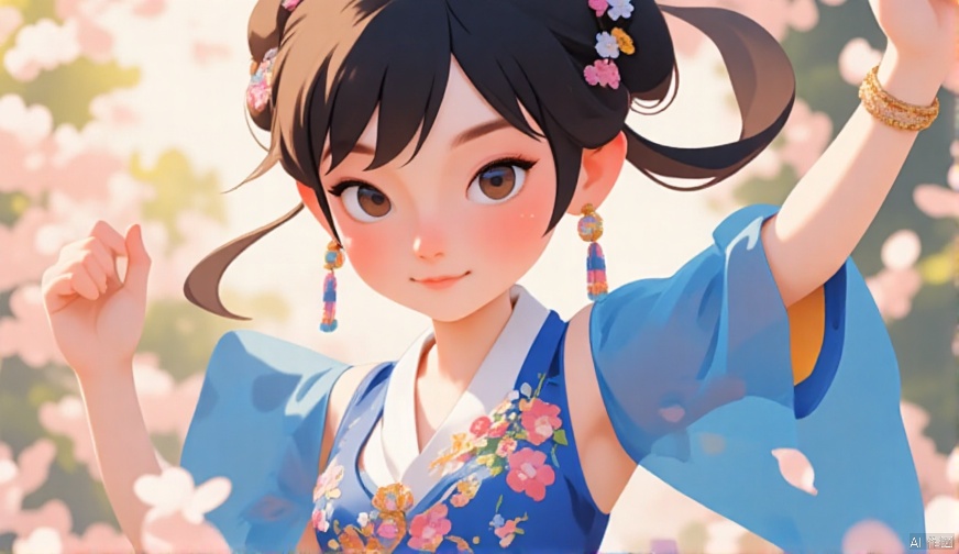 cartoon style,1girl, looking at viewer, cute_smile,Wearing Vietnamese opera costumes，full body，dancing ,vector style，blue