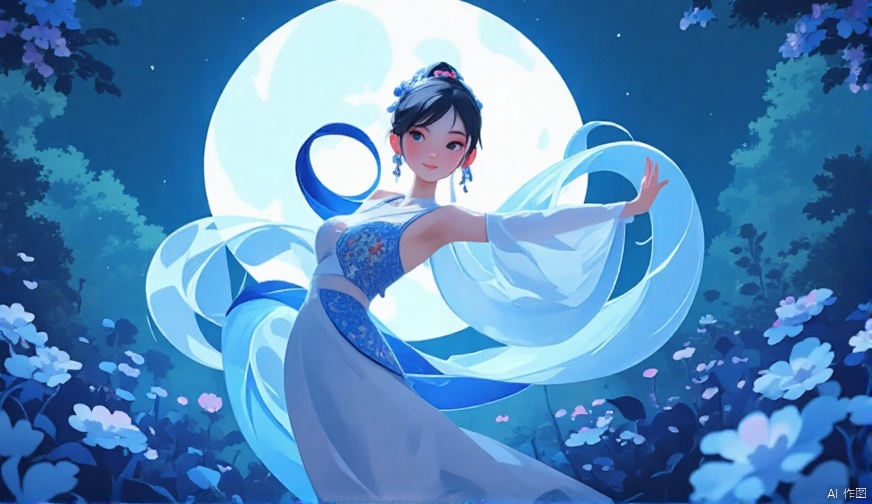 cartoon style,1girl, looking at viewer, cute_smile,Wearing Vietnamese opera costumes，full body，dancing ,vector style，blue