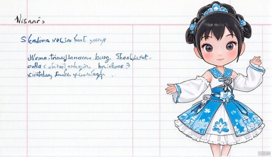 cartoon style,1girl, looking at viewer, cute_smile,Wearing Vietnamese opera costumes，full body，dancing ,vector style，blue,cornell notes sheet with drawing