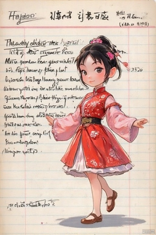 cartoon style,1girl, looking at viewer, cute_smile,Wearing Chinese opera costumes，full body，dancing ,vector style,cornell notes sheet with write：“happy new year”