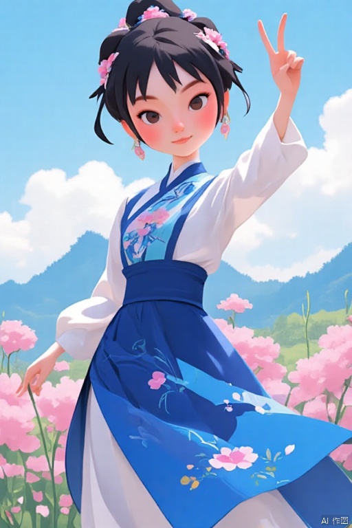 cartoon style,1girl, looking at viewer, cute_smile,Wearing Chinese opera costumes，full body，dancing ,blue 
