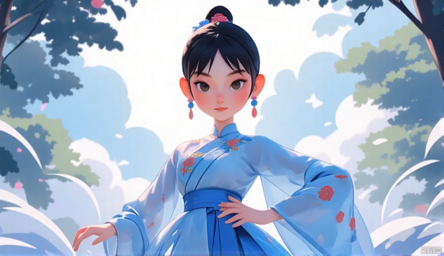 cartoon style,1girl, looking at viewer, cute_smile,Wearing Vietnamese opera costumes，full body，dancing ,vector style，blue