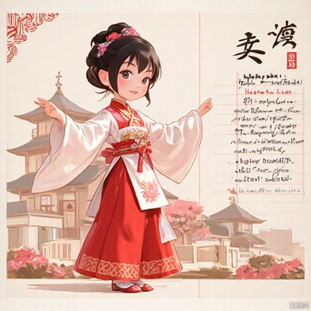 cartoon style,1girl, looking at viewer, cute_smile,Wearing Chinese opera costumes，full body，dancing ,vector style,cornell notes sheet with write：“happy new year”