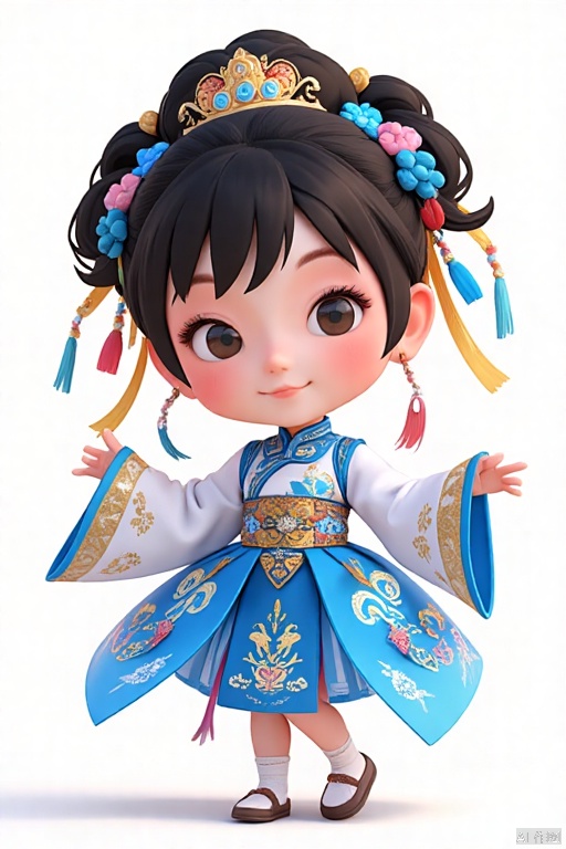 cartoon style,1girl, looking at viewer, cute_smile,Wearing Chinese opera costumes，full body，dancing ,blue 
