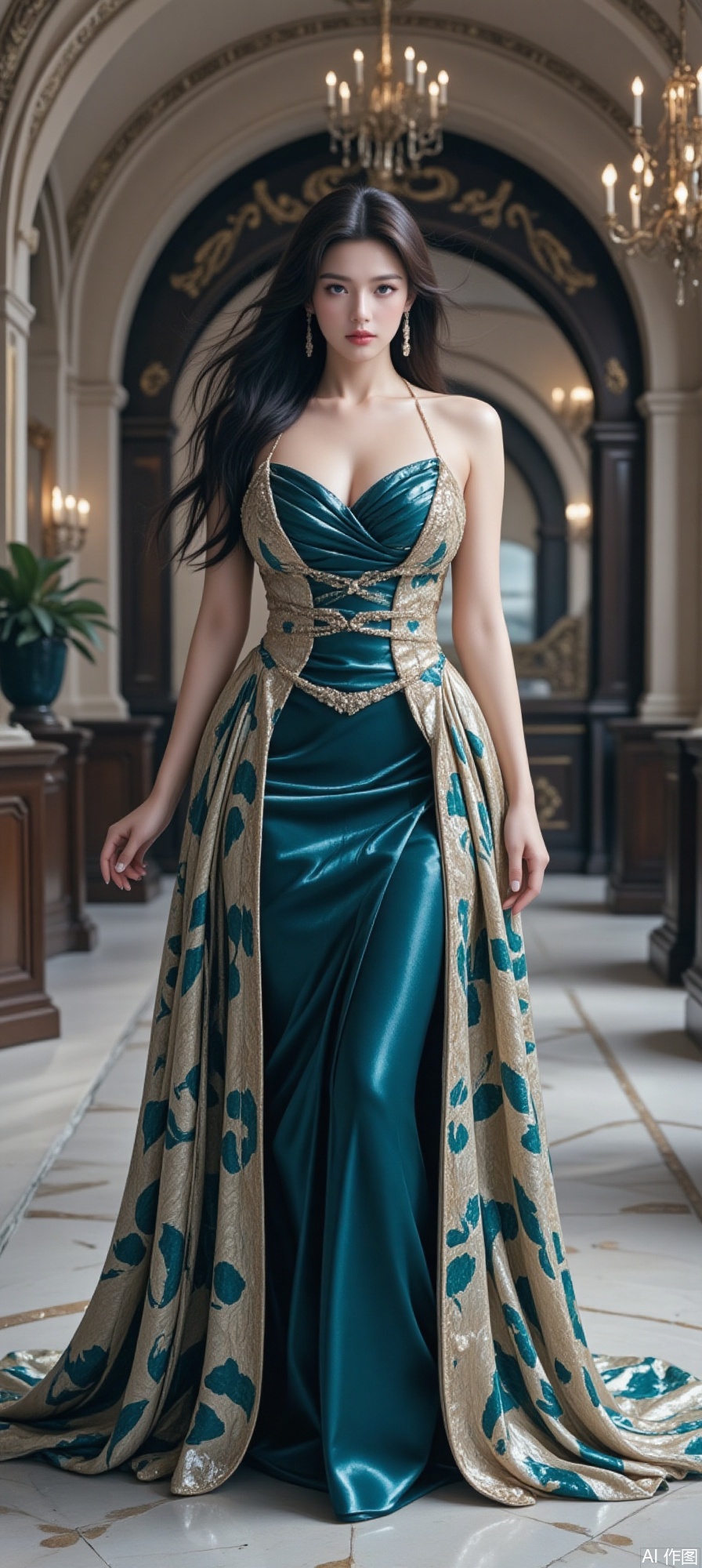 a digitally rendered scene featuring a woman dressed in an elegant, gold and teal gown The setting appears to be a luxurious interior, with ornate chandeliers and a polished floor The woman's attire is elaborate, with intricate detailing and a flowing fabric that adds to the opulent atmosphere The lighting is warm and soft, enhancing the overall elegance of the scene.