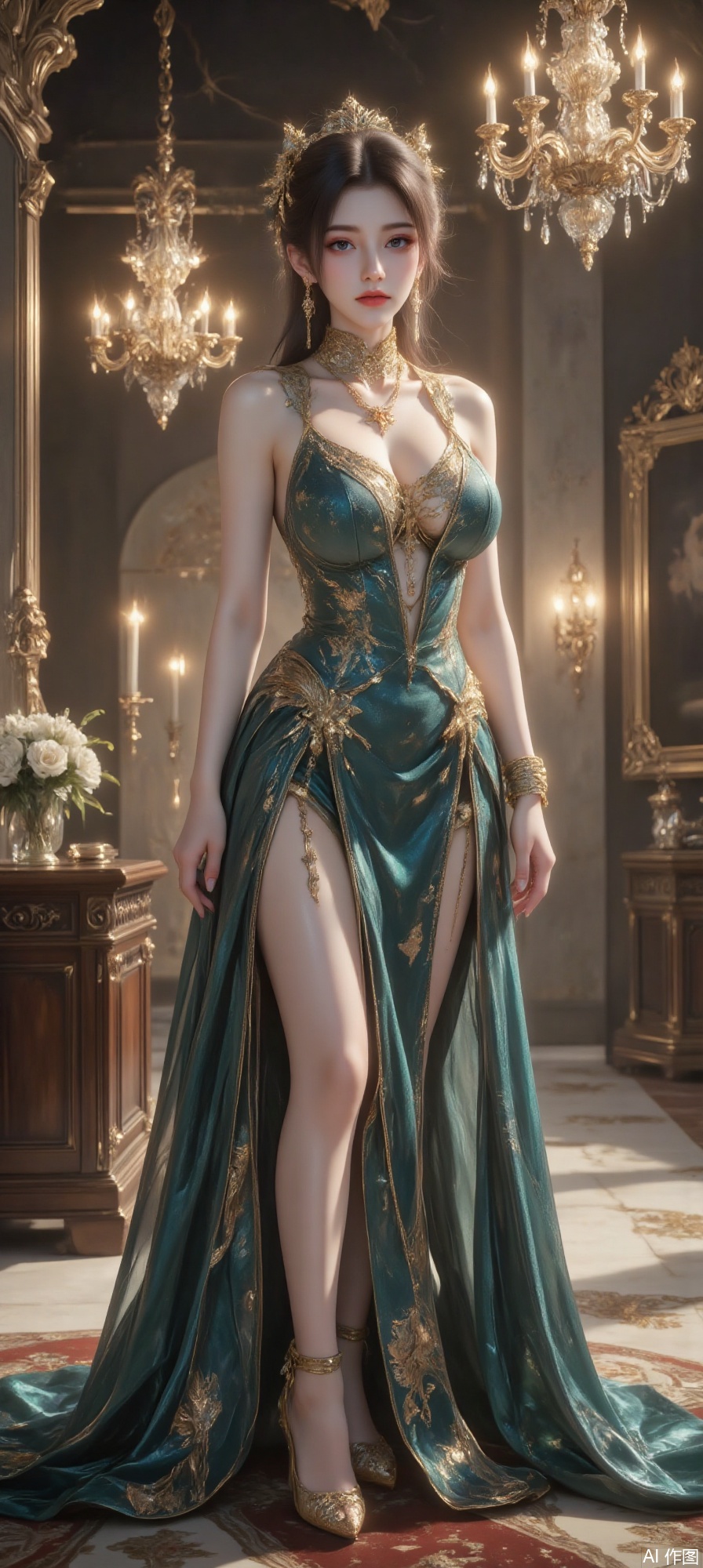 a digitally rendered scene featuring a woman dressed in an elegant, gold and teal gown The setting appears to be a luxurious interior, with ornate chandeliers and a polished floor The woman's attire is elaborate, with intricate detailing and a flowing fabric that adds to the opulent atmosphere The lighting is warm and soft, enhancing the overall elegance of the scene.