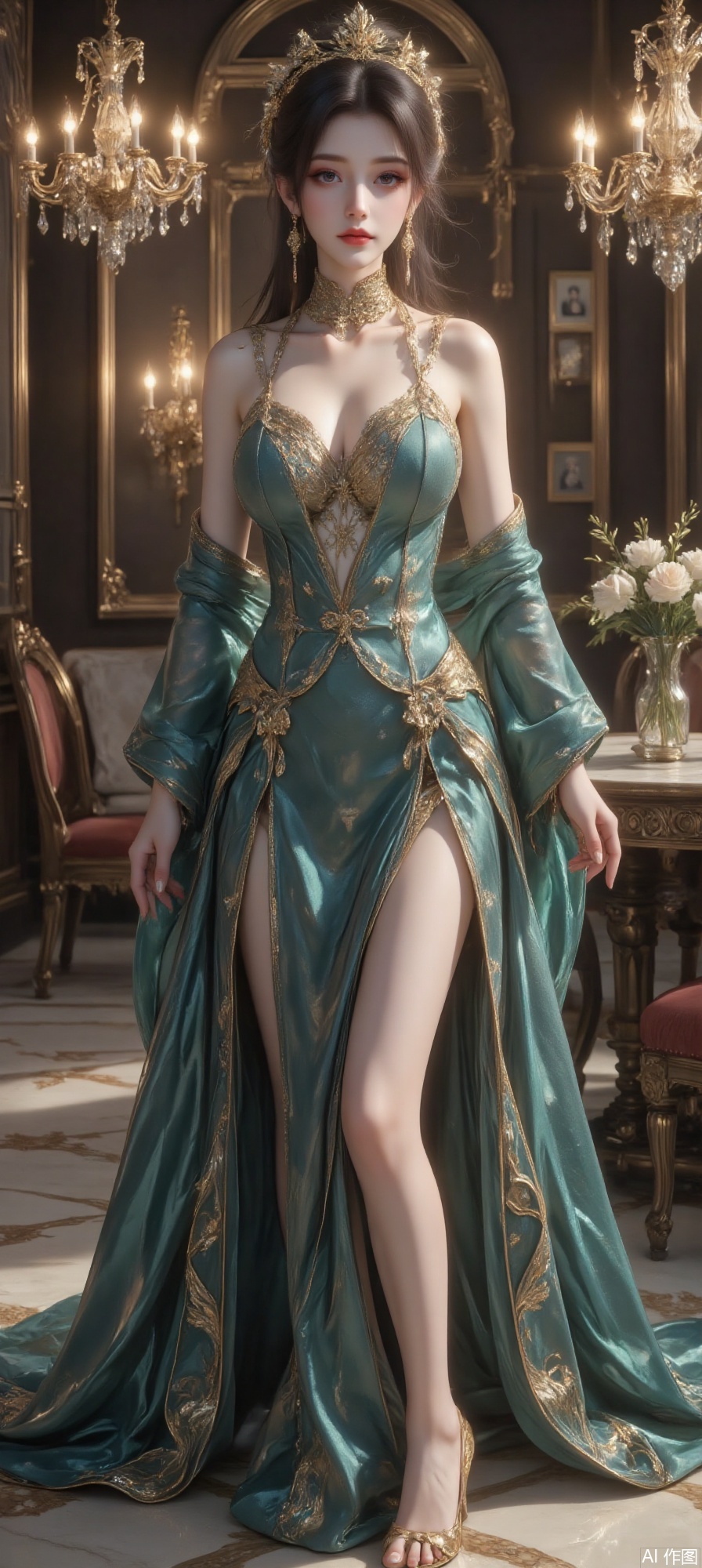 a digitally rendered scene featuring a woman dressed in an elegant, gold and teal gown The setting appears to be a luxurious interior, with ornate chandeliers and a polished floor The woman's attire is elaborate, with intricate detailing and a flowing fabric that adds to the opulent atmosphere The lighting is warm and soft, enhancing the overall elegance of the scene.