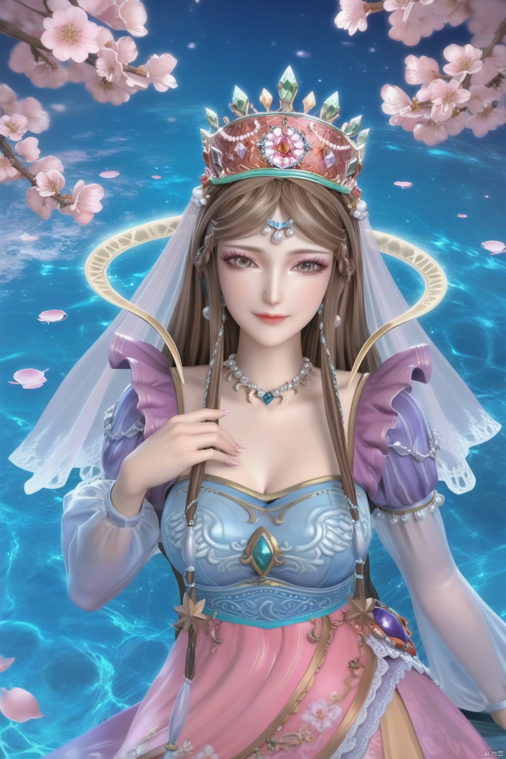 score_9,score_8_up,score_7_up,1girl,solo,long hair,brown hair,dress,jewelry,hair ornament,headpiece,braid,earrings,necklace,makeup,crown,large breasts,veil,Cherry Blossoms,water,looking at viewer,smile,lying,lying on water