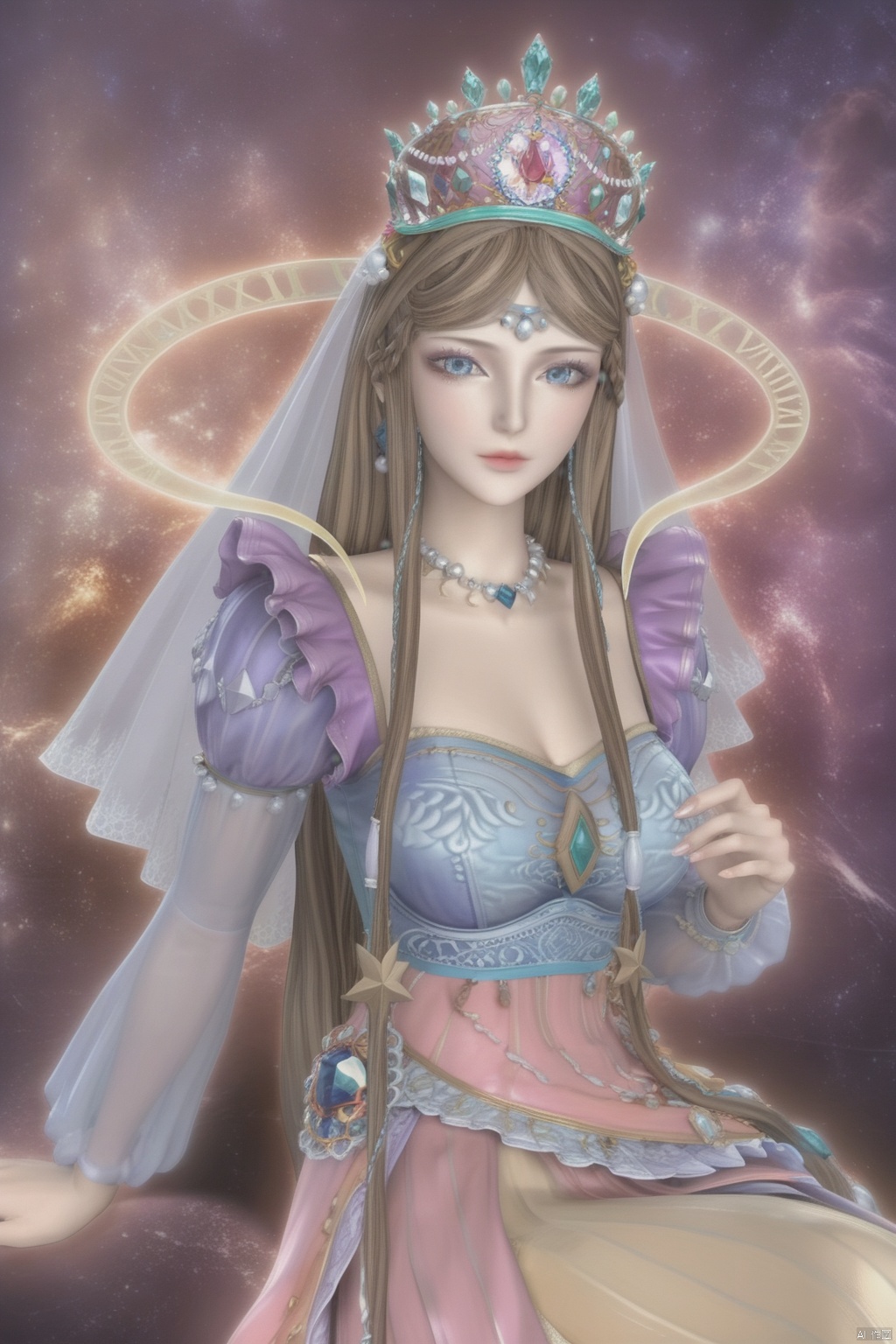 masterpiece, best quality, masterpiece,best quality,official art,extremely detailed CG unity 8k wallpaper,1girl,solo,long hair,looking at viewer,blue eyes,brown hair,dress,jewelry,sitting,braid,earrings,necklace,makeup,crown,large breasts,veil