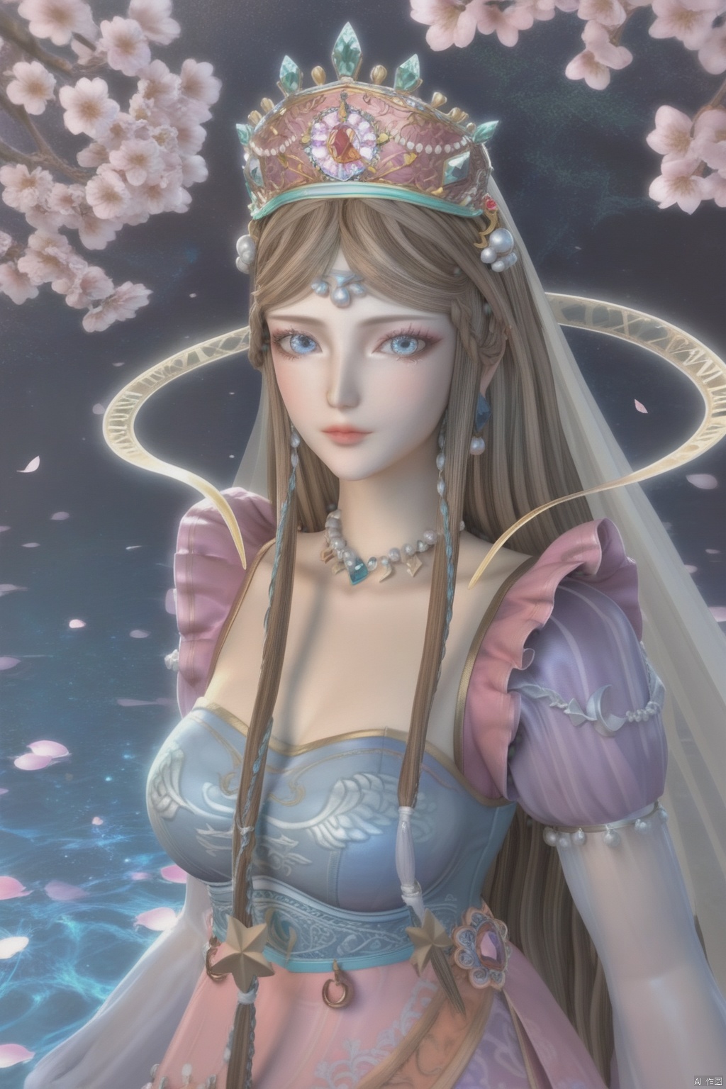 score_9,score_8_up,score_7_up,1girl,solo,long hair,looking at viewer,blue eyes,brown hair,dress,jewelry,hair ornament,headpiece,braid,earrings,necklace,makeup,crown,large breasts,veil,Cherry Blossoms,water,(endured face:1.3),close-up