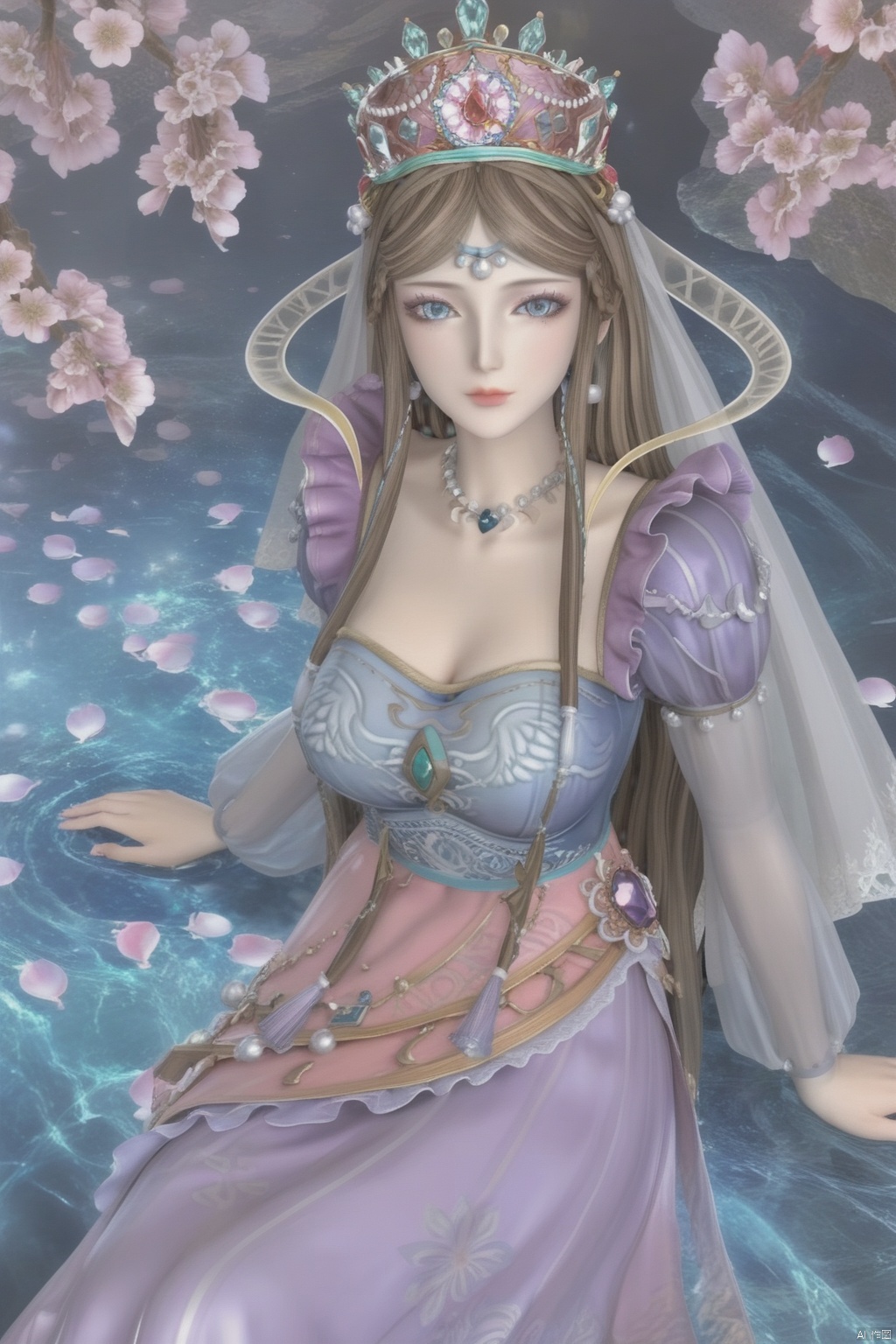 masterpiece, best quality, masterpiece,best quality,official art,extremely detailed CG unity 8k wallpaper,1girl,solo,long hair,looking at viewer,blue eyes,brown hair,dress,jewelry,sitting,braid,earrings,necklace,makeup,crown,large breasts,veil,Cherry Blossoms,water