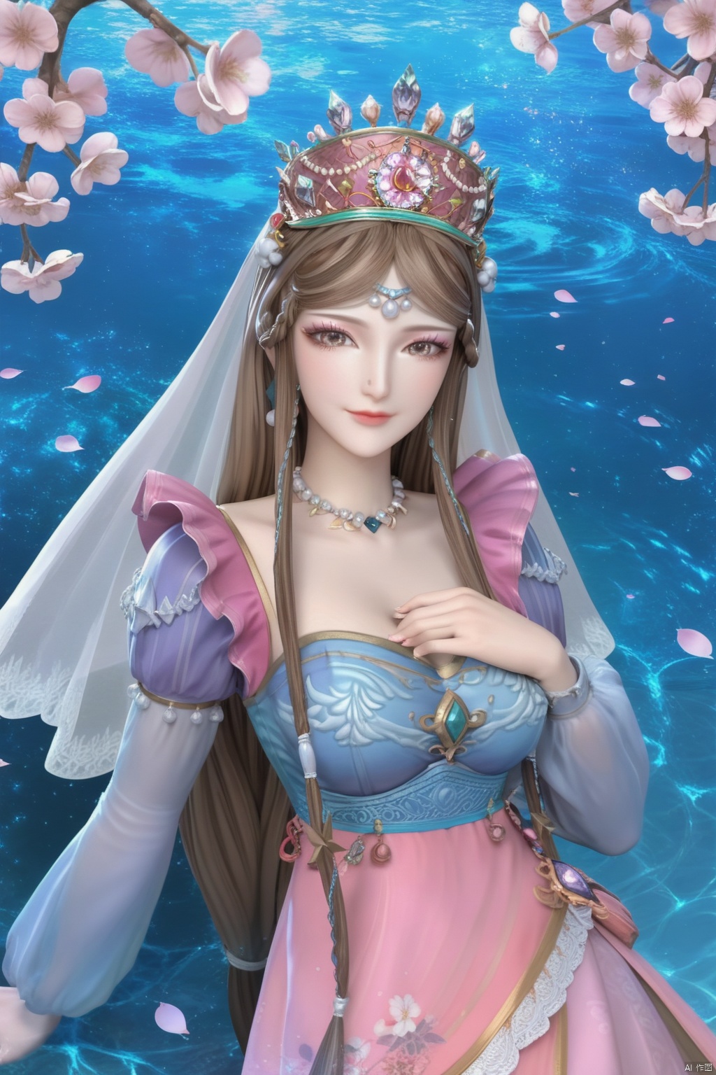 score_9,score_8_up,score_7_up,1girl,solo,long hair,brown hair,dress,jewelry,hair ornament,headpiece,braid,earrings,necklace,makeup,crown,large breasts,veil,Cherry Blossoms,water,looking at viewer,smile,lying,lying on water,stanchion,long sleeves