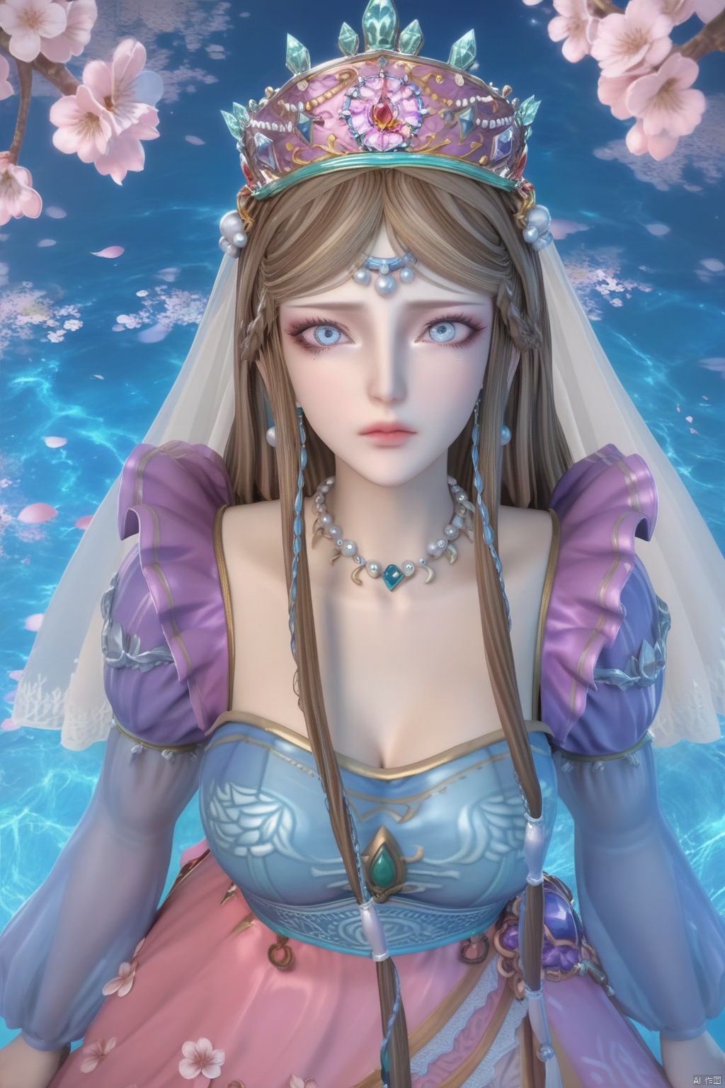score_9,score_8_up,score_7_up,1girl,solo,long hair,looking at viewer,blue eyes,brown hair,dress,jewelry,hair ornament,headpiece,braid,earrings,necklace,makeup,crown,large breasts,veil,Cherry Blossoms,water,(Suffering:1.3),endured face,scared,rolling eyes
