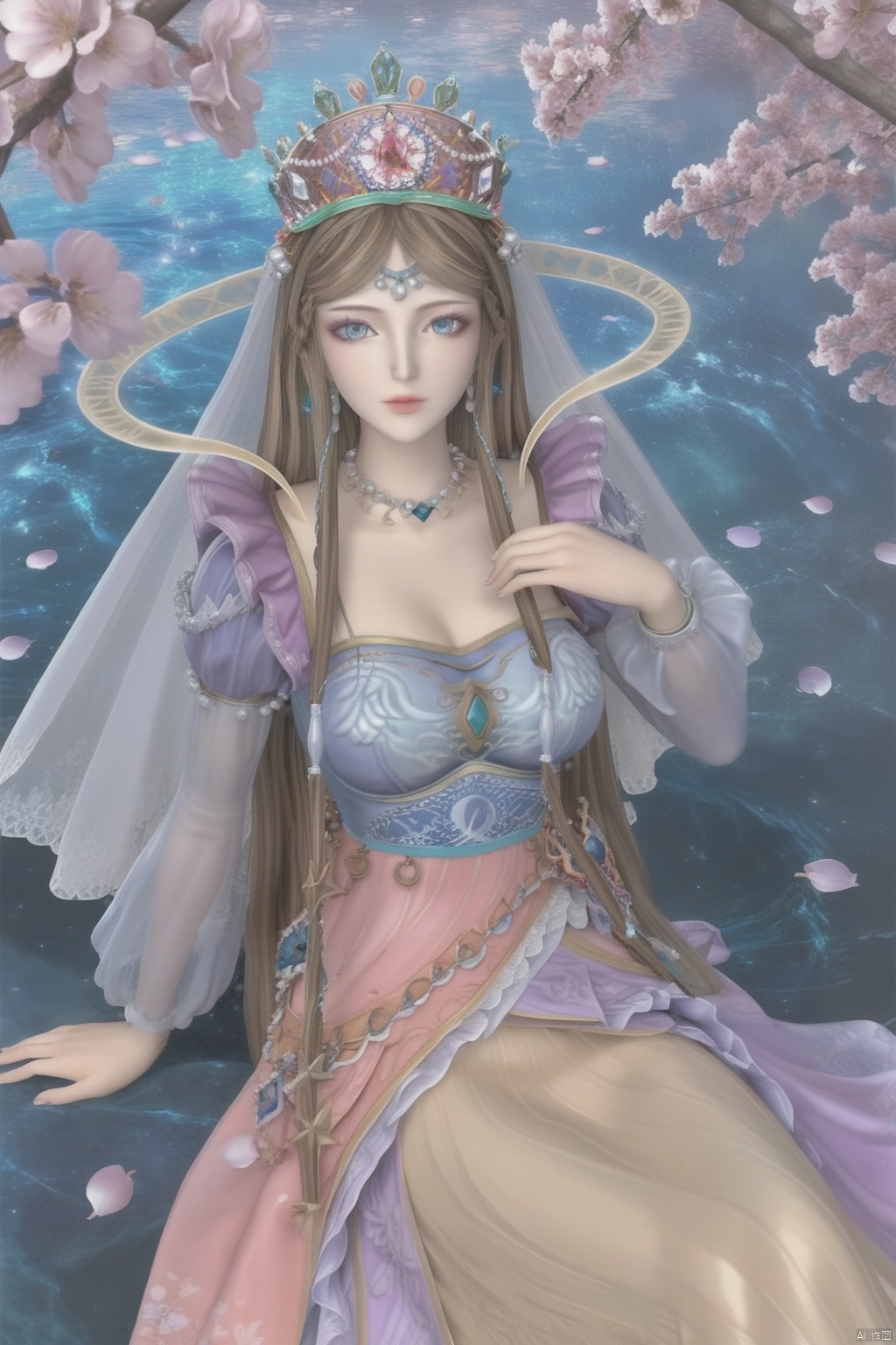 masterpiece, best quality, masterpiece,best quality,official art,extremely detailed CG unity 8k wallpaper,1girl,solo,long hair,looking at viewer,blue eyes,brown hair,dress,jewelry,sitting,braid,earrings,necklace,makeup,crown,large breasts,veil,Cherry Blossoms,water