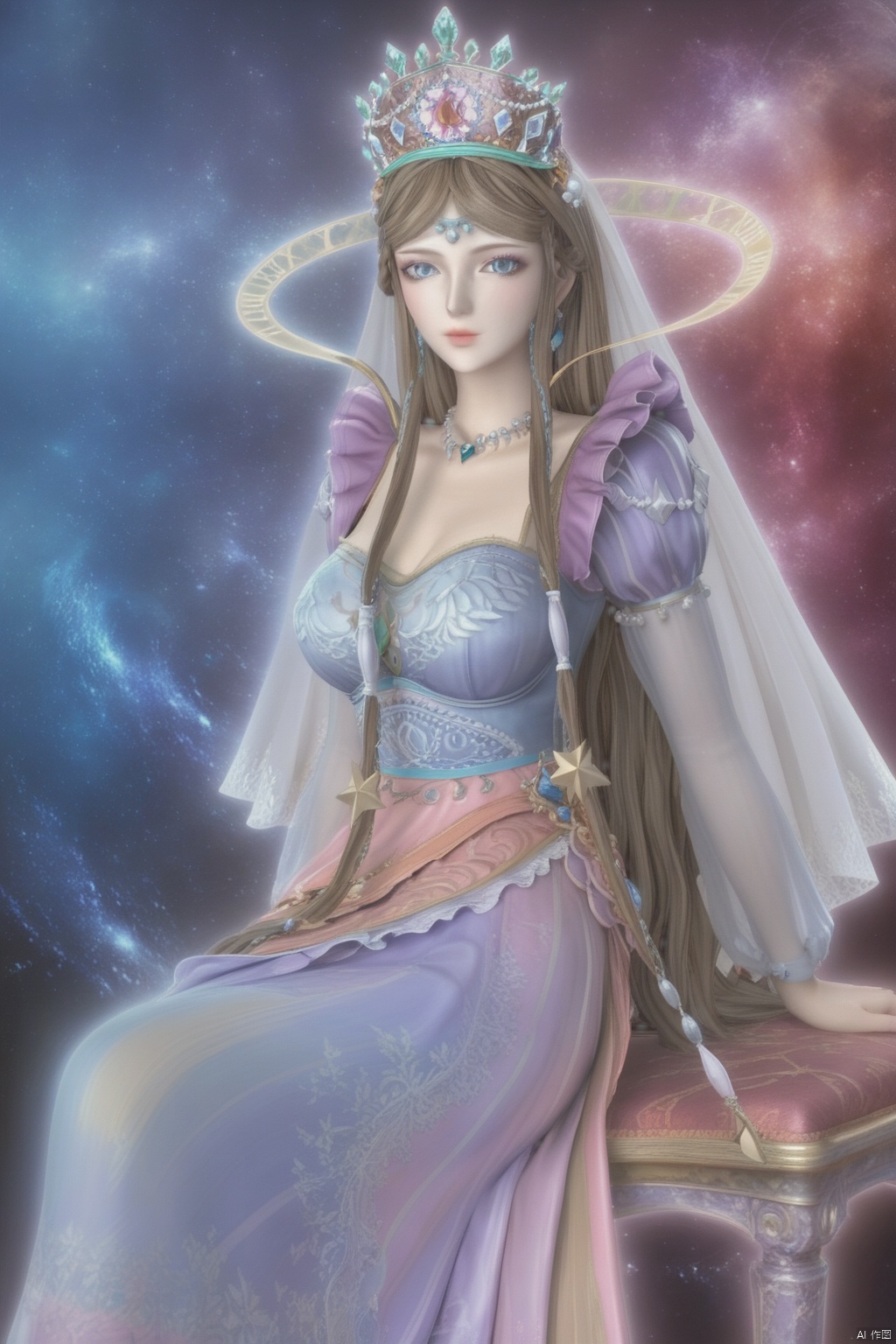 masterpiece, best quality, masterpiece,best quality,official art,extremely detailed CG unity 8k wallpaper,1girl,solo,long hair,looking at viewer,blue eyes,brown hair,dress,jewelry,sitting,braid,earrings,necklace,makeup,crown,large breasts,veil