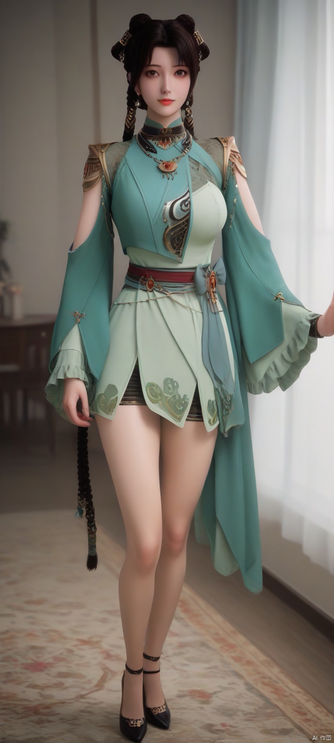 score_9,score_8,(high definition, Best quality, masterpiece, 4K, exquisite skin), 1girl, solo, breasts, looking at viewer, room, standing, heels
