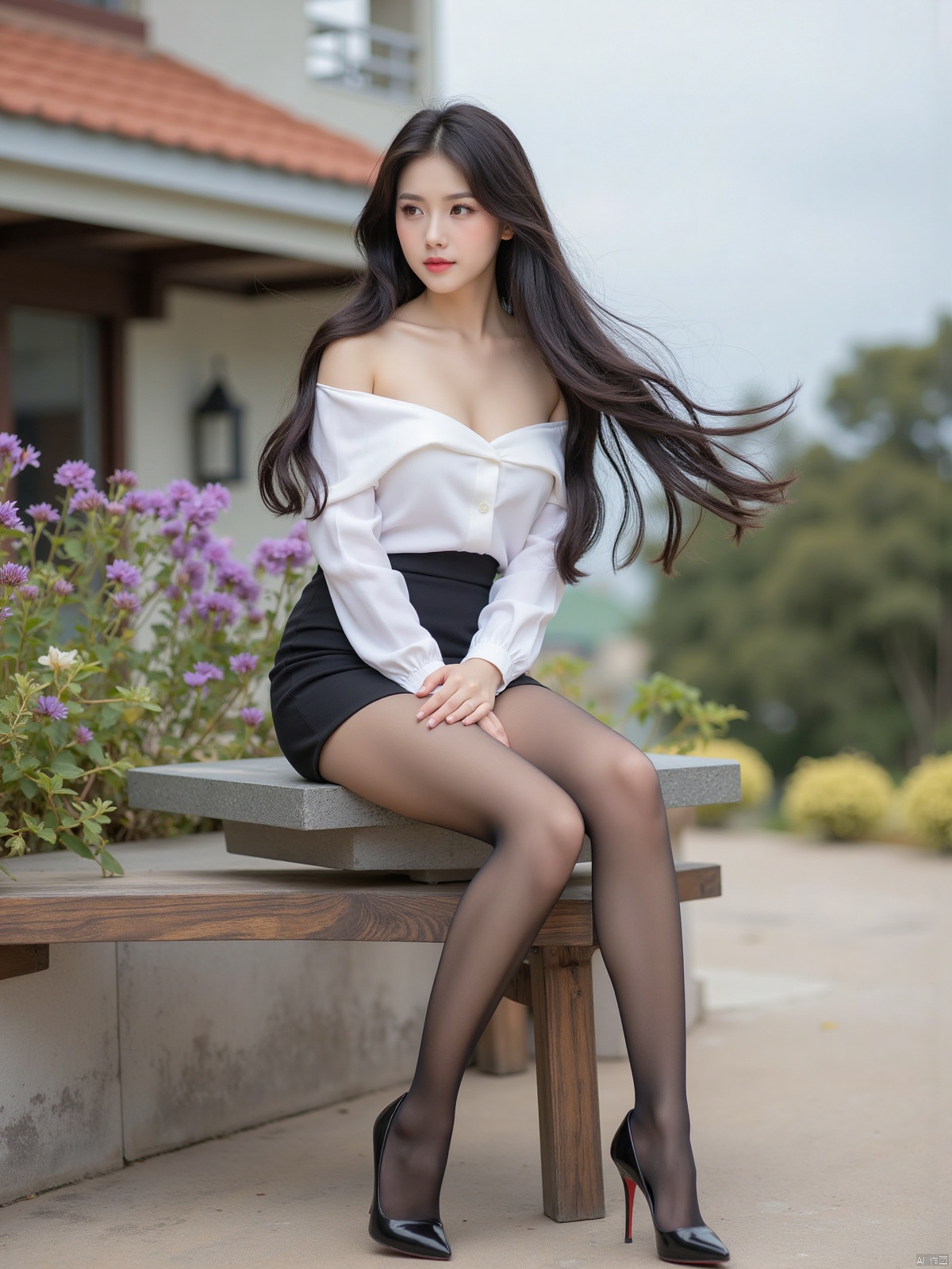 Realistic photo, a young woman, long flowing hair, fair skin, big breasts, off-shoulder blouse, short pencil skirt, shiny pantyhose, long legs, high heels, full body, sitting, roof, flowers,