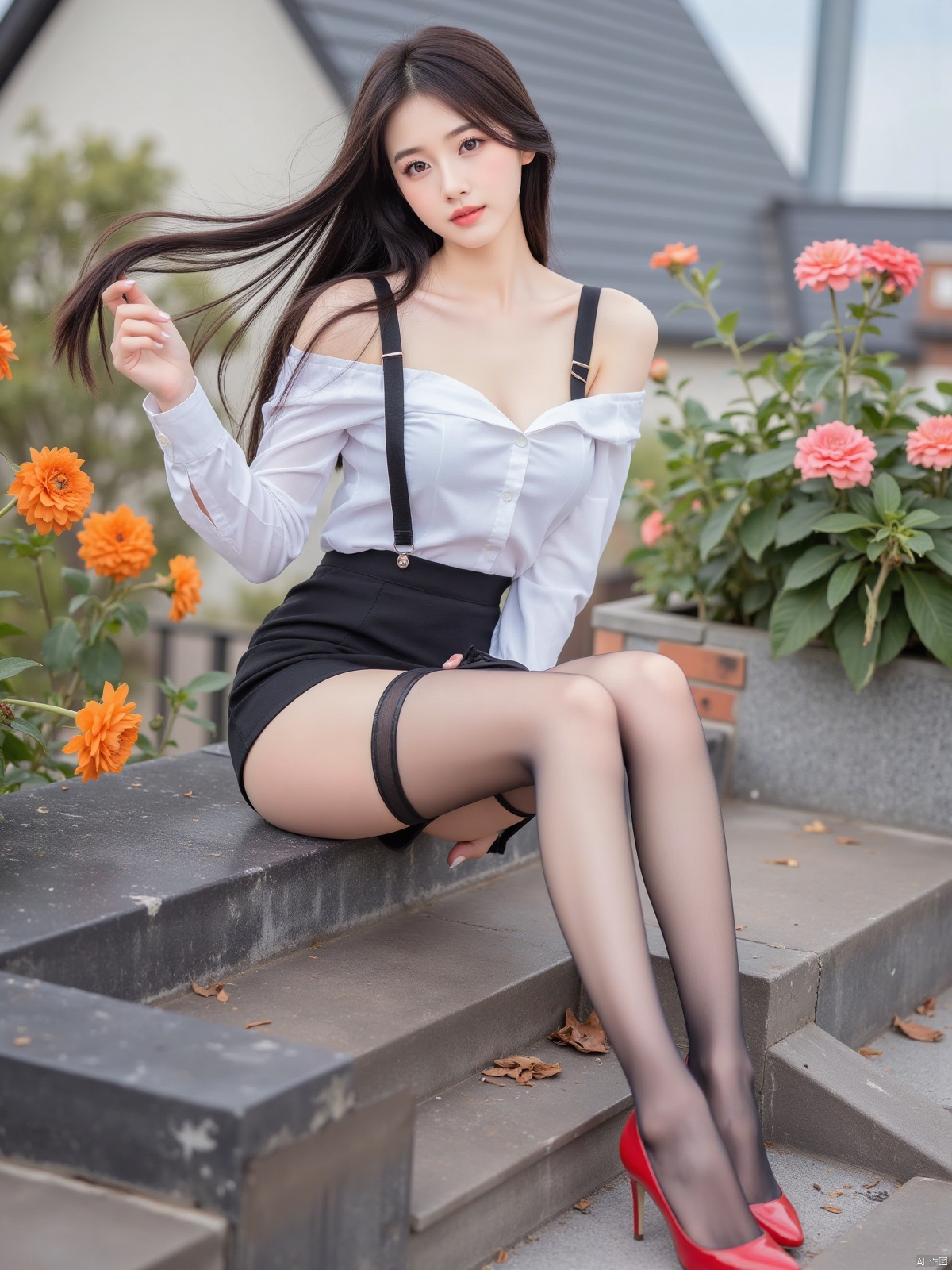 Realistic photo, a young woman, long flowing hair, fair skin, big breasts, off-shoulder shirt, short pencil skirt, suspenders stockings, long legs, red high heels, full body, sitting, roof, flowers,