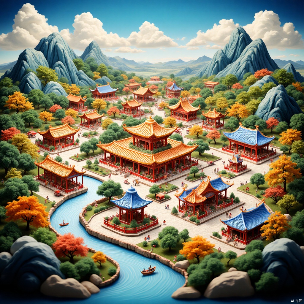 city, ice and fire, amusement park, theme park, funfair, amusement park world,游乐园,Theme park,Funfair,国画,Traditional Chinese Painting