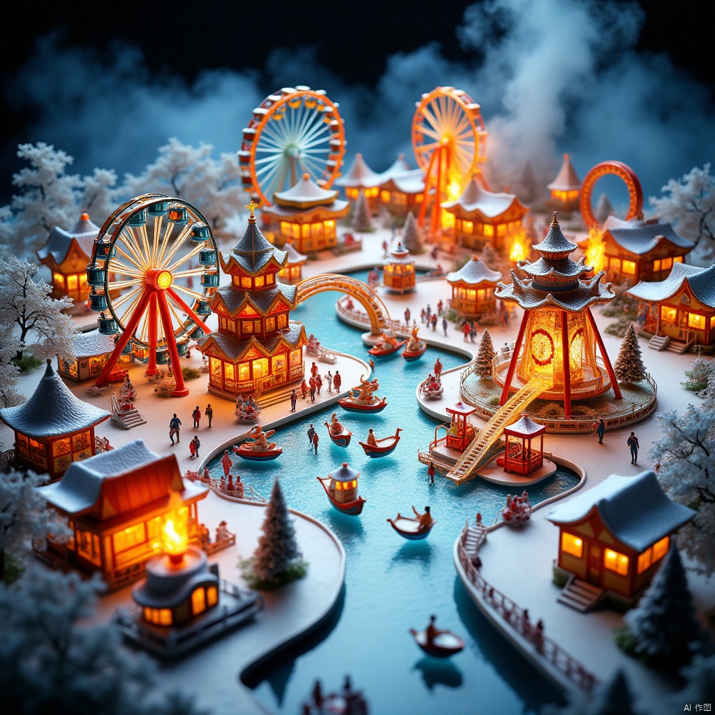 city, ice and fire, amusement park, theme park, funfair, amusement park world, amusement park, Theme park, Funfair, Chinese painting, Traditional Chinese Painting, ice and fire elements,