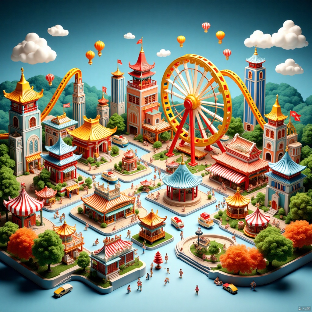 city, ice and fire, amusement park, theme park, funfair, amusement park world,游乐园,Theme park,Funfair,国画,Traditional Chinese Painting