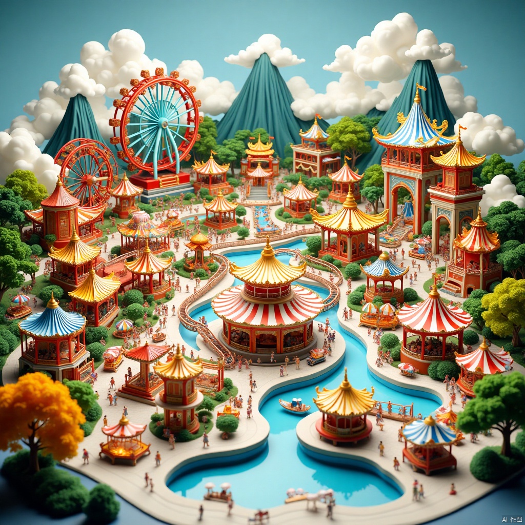 city, ice and fire, amusement park, theme park, funfair, amusement park world,游乐园,Theme park,Funfair,国画,Traditional Chinese Painting