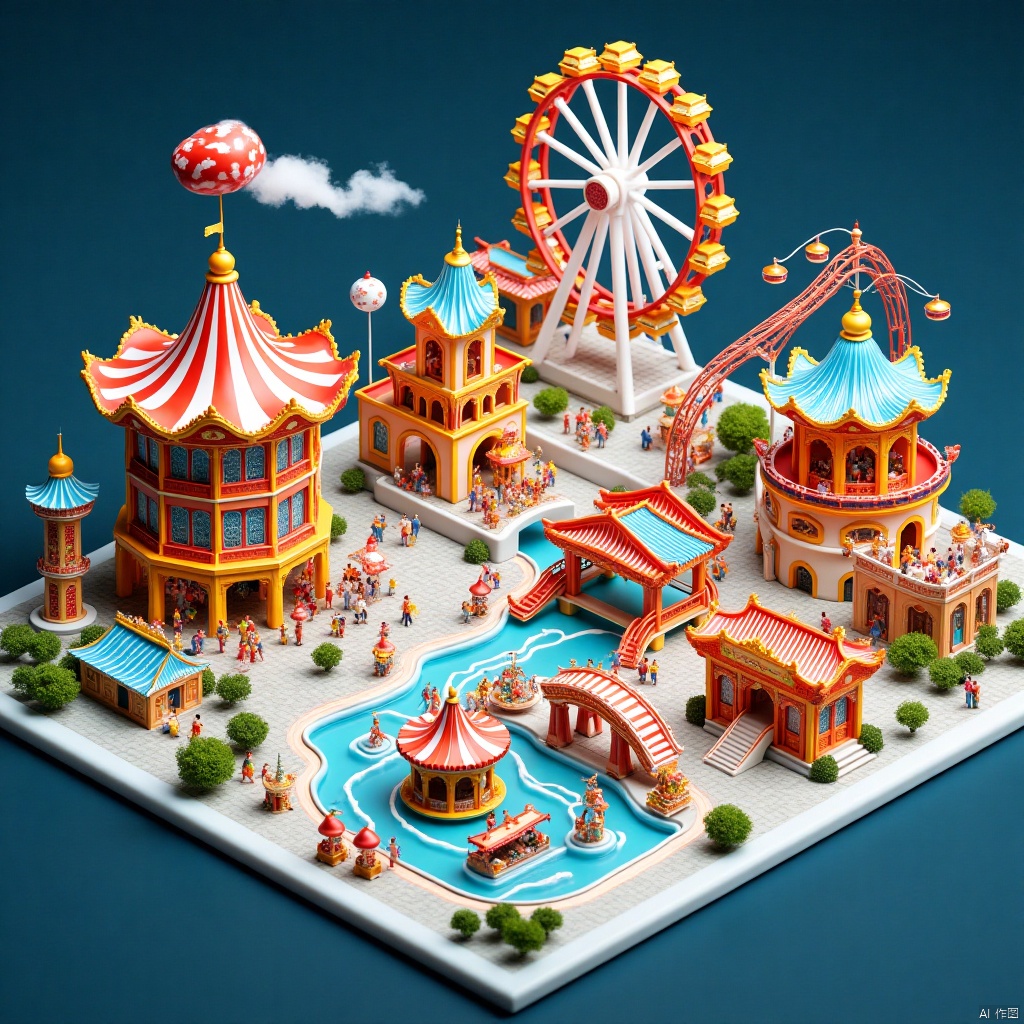 city, ice and fire, amusement park, theme park, funfair, amusement park world,游乐园,Theme park,Funfair,国画,Traditional Chinese Painting