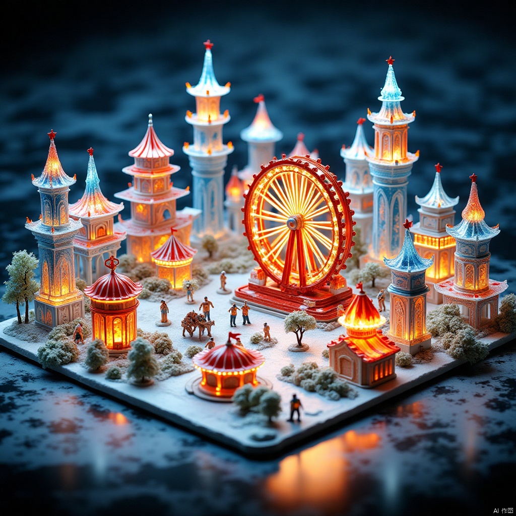 city, ice and fire, amusement park, theme park, funfair, amusement park world, amusement park, Theme park, Funfair, Chinese painting, Traditional Chinese Painting, ice and fire elements,游乐园,Theme park,Funfair